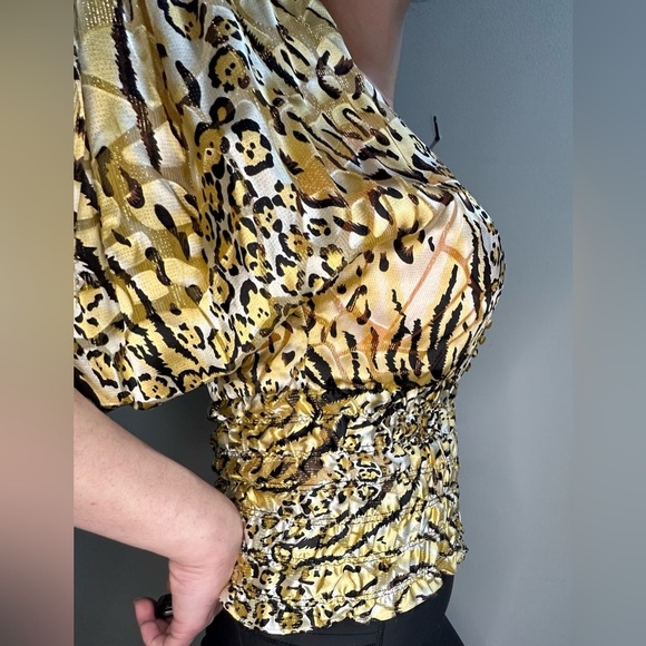 Vintage 1980s Cachè Gold Cheetah Print Silk Dolman Blouse Cinched Waist Women S - Picture 4 of 11